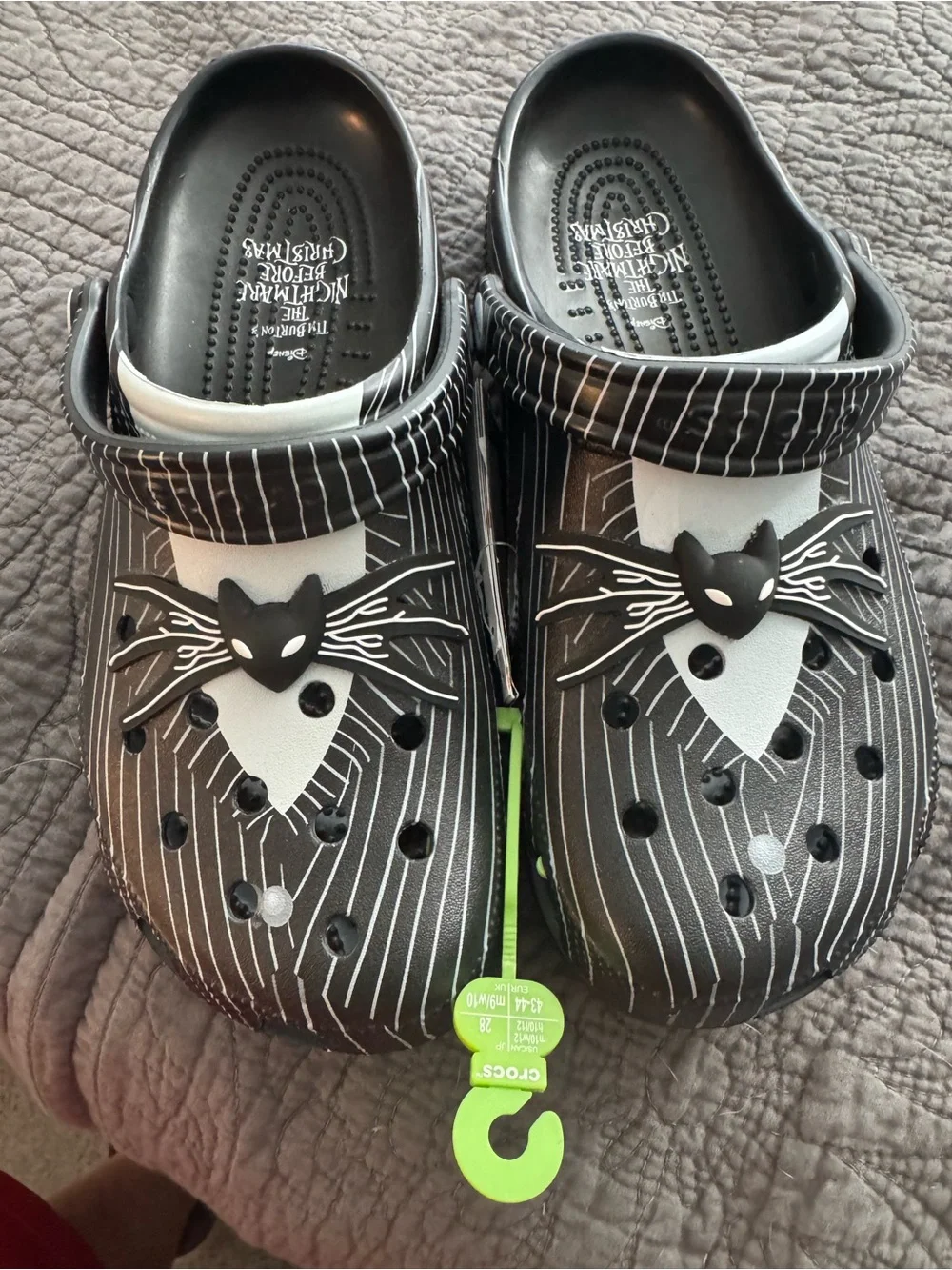 CROCS Special Edition Black & White Pinstripe Kids Clogs with Cat Face Charm